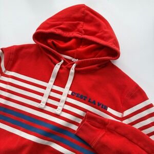 GAP Cest La Vie Pullover Hoodie Sweatshirt Womens Medium Tall Red Retro Stripes